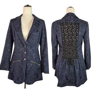 Free People Blue Black Lace Corset Back Mid Length Pleated Tails Jacket Blazer 6